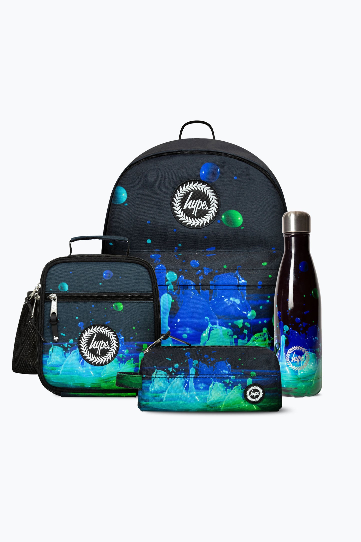 Hype Boys Black 3D Droplets Backpack, Lunchbag, Pencil Case & Bottle Bundle