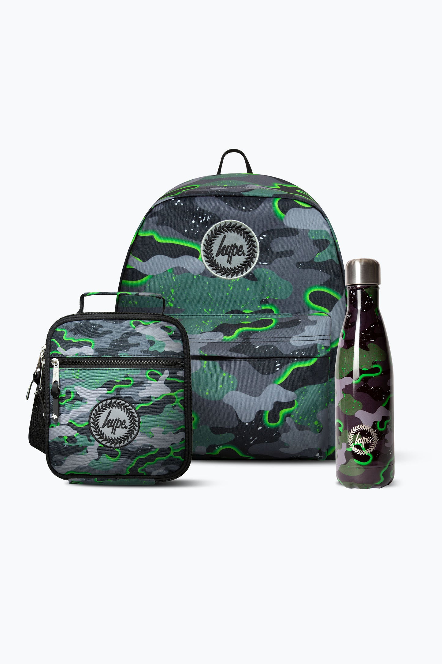 Hype Boys Green Glow Camo Backpack, Lunchbag & Bottle Bundle