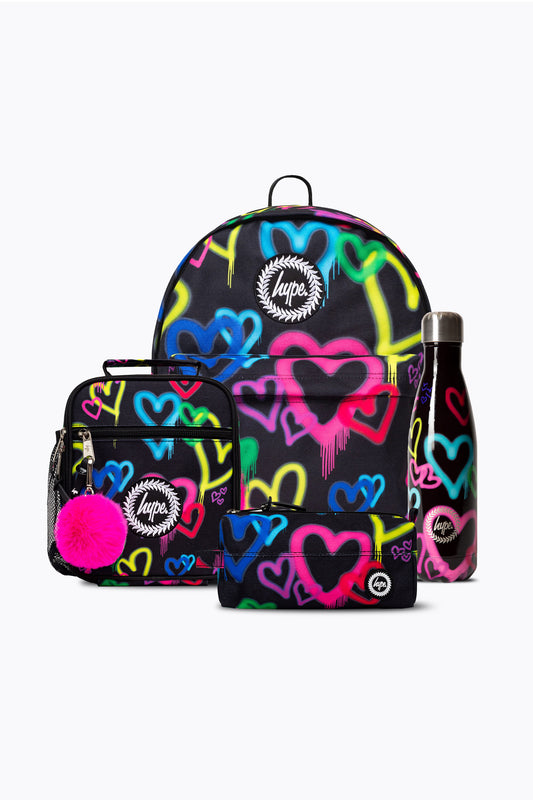 Hype Girls Black Graffiti Hearts Lunchbag, Pencil Case & Bottle Bundle