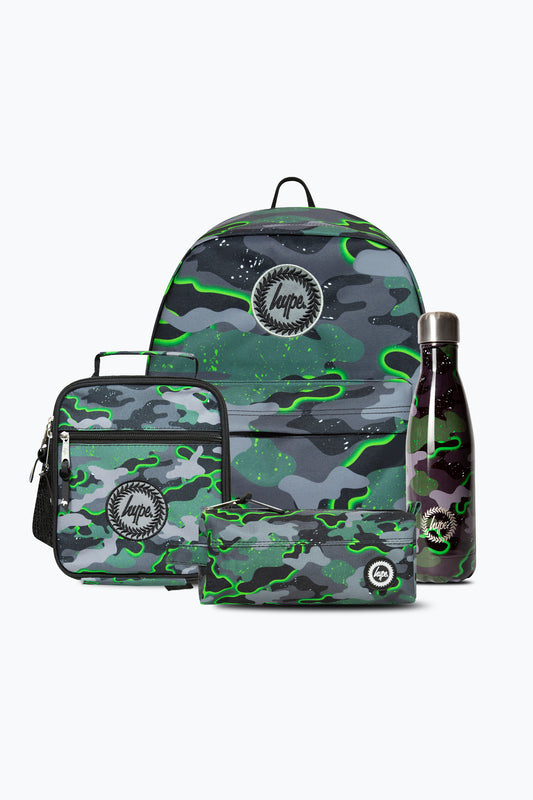 Hype Boys Green Glow Camo Backpack, Lunchbag, Pencil Case & Bottle Bundle