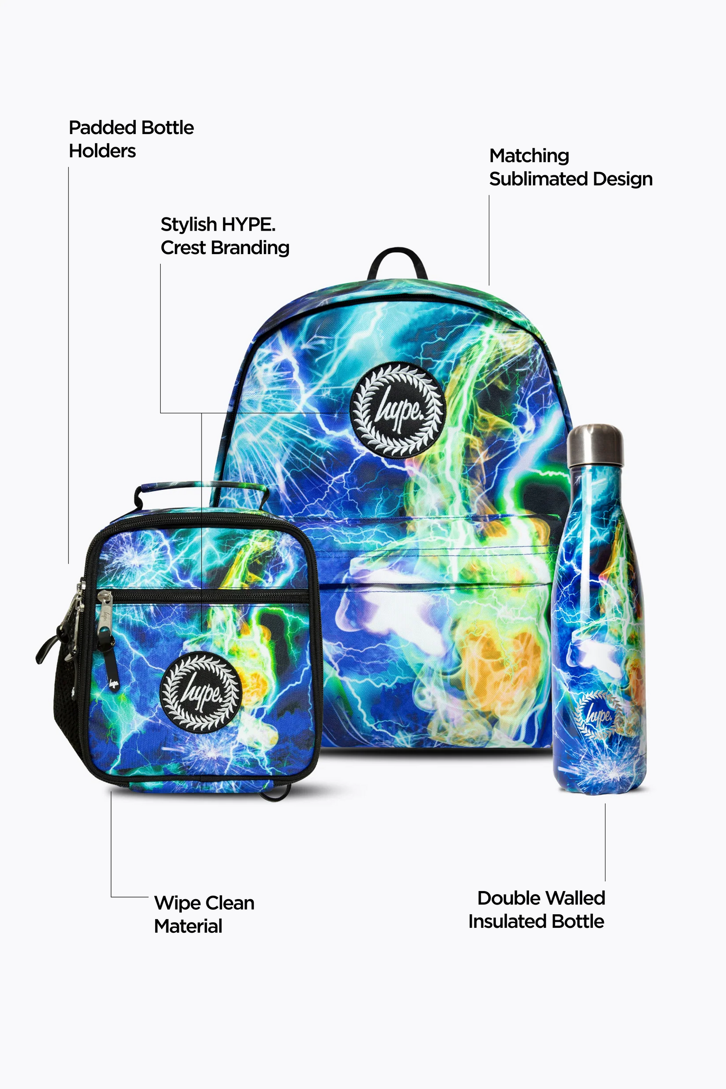 Hype Boys Blue Lightning Storm Backpack, Lunchbag & Bottle Bundle