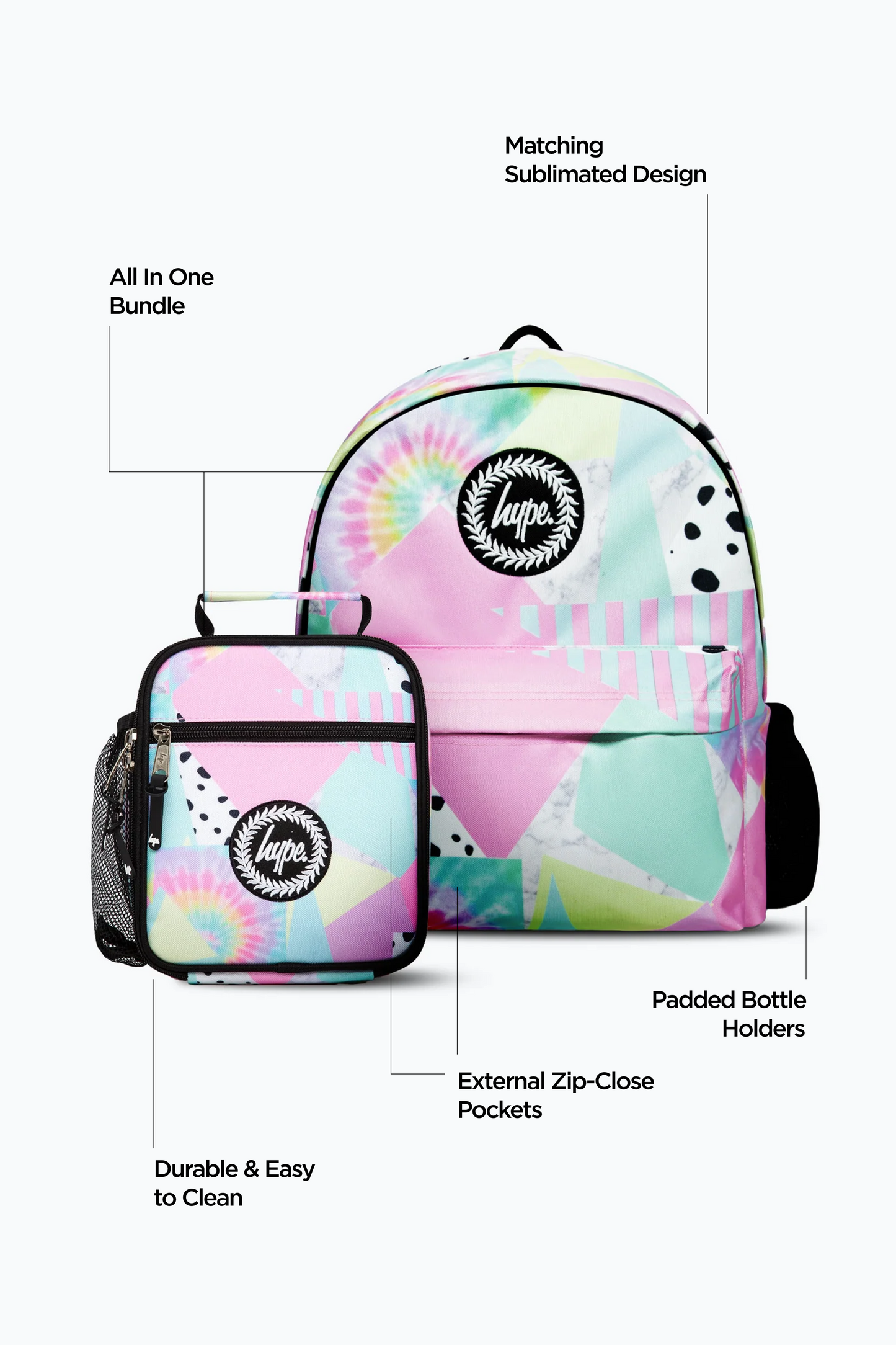 Hype Girls Pink Pastel Collage Backpack & Lunch Bag Bundle