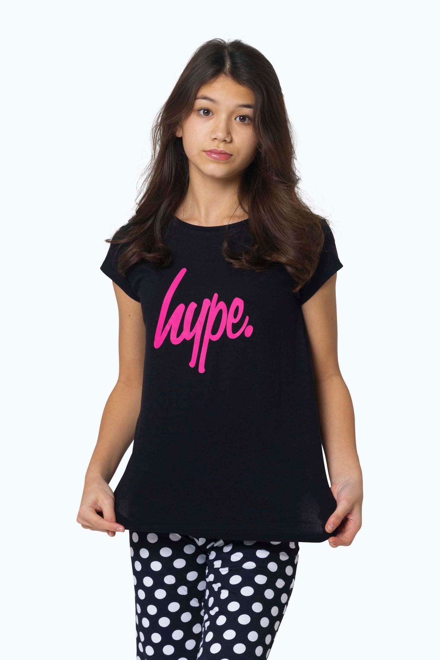 1Pack Girls Hype Cap Sleeve Slouchy Tee & Cuff Leg Spot Pj Set Black