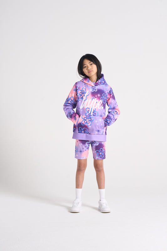 Hype Girls Purple Sparkle Flower Hoodie & Cycling Shorts Set