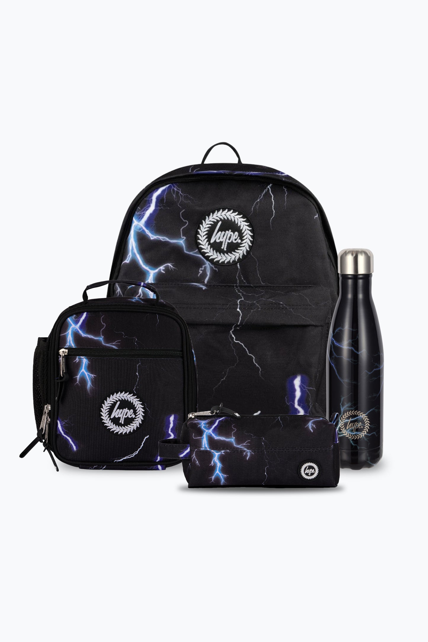 Hype Unisex Black Lightning Backpack, Lunch Bag, Bottle & Pencil Case Bundle