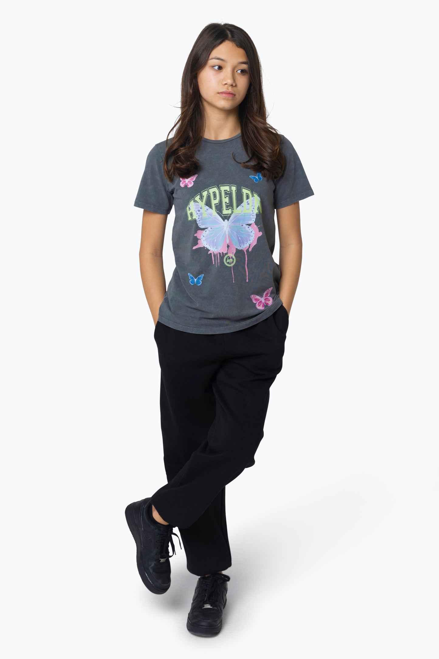 Hype Girls Black Acid Wash Butterfly T-Shirt