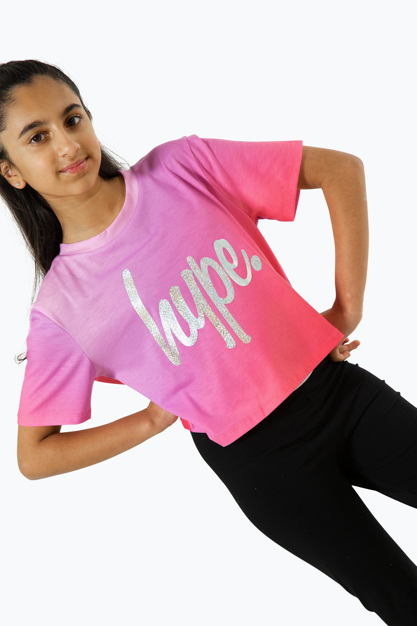 Hype Girls Pink Fade Holographic Script Cropped T-Shirt