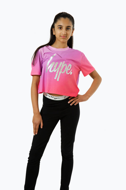 Hype Girls Pink Fade Holographic Script Cropped T-Shirt