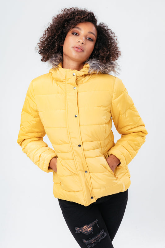 Hype Mustard Short Length Women'S Padded Coat With Fur