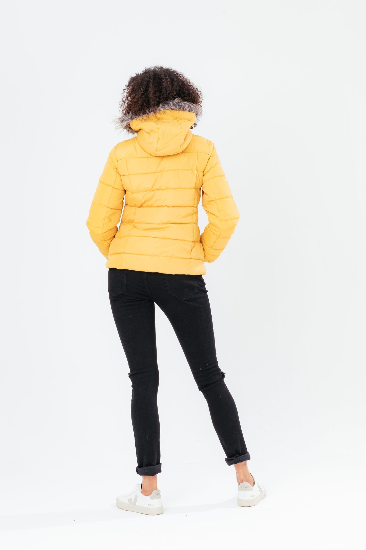 Hype Mustard Short Length Women'S Padded Coat With Fur