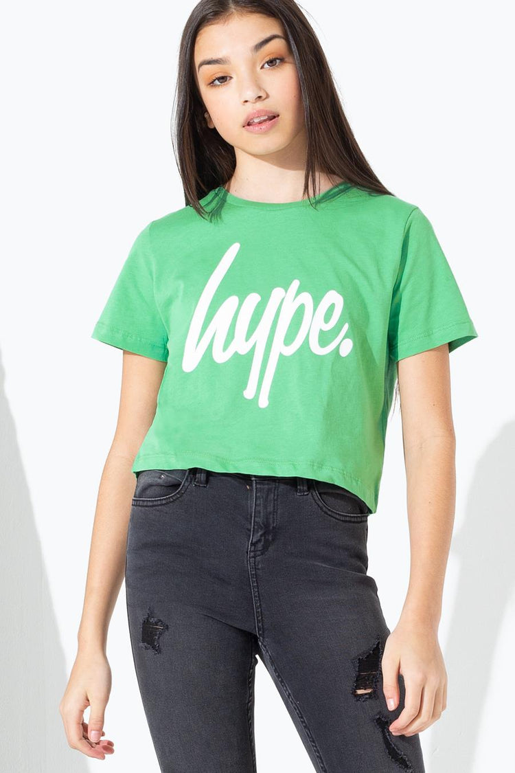 Hype Green White Script Kids Crop T-Shirt