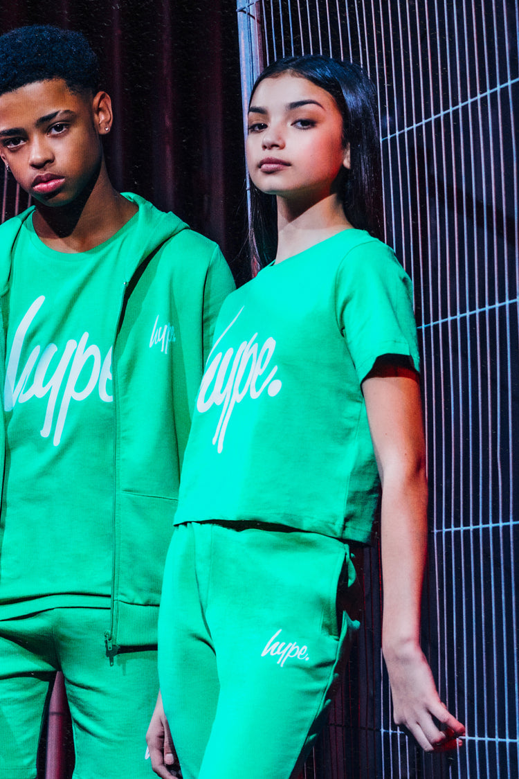 Hype Green White Script Kids Crop T-Shirt