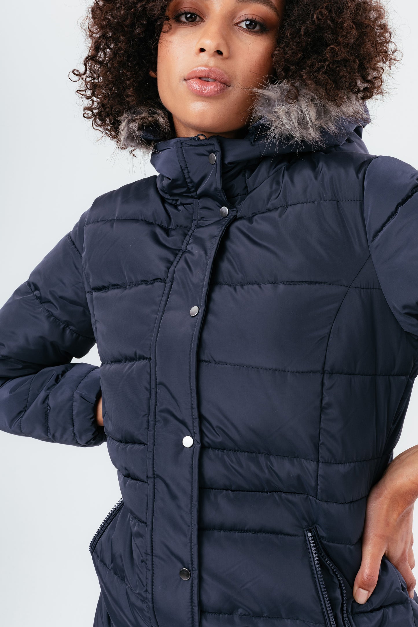 Hype Navy Mid Length Women'S Padded Coat With Fur