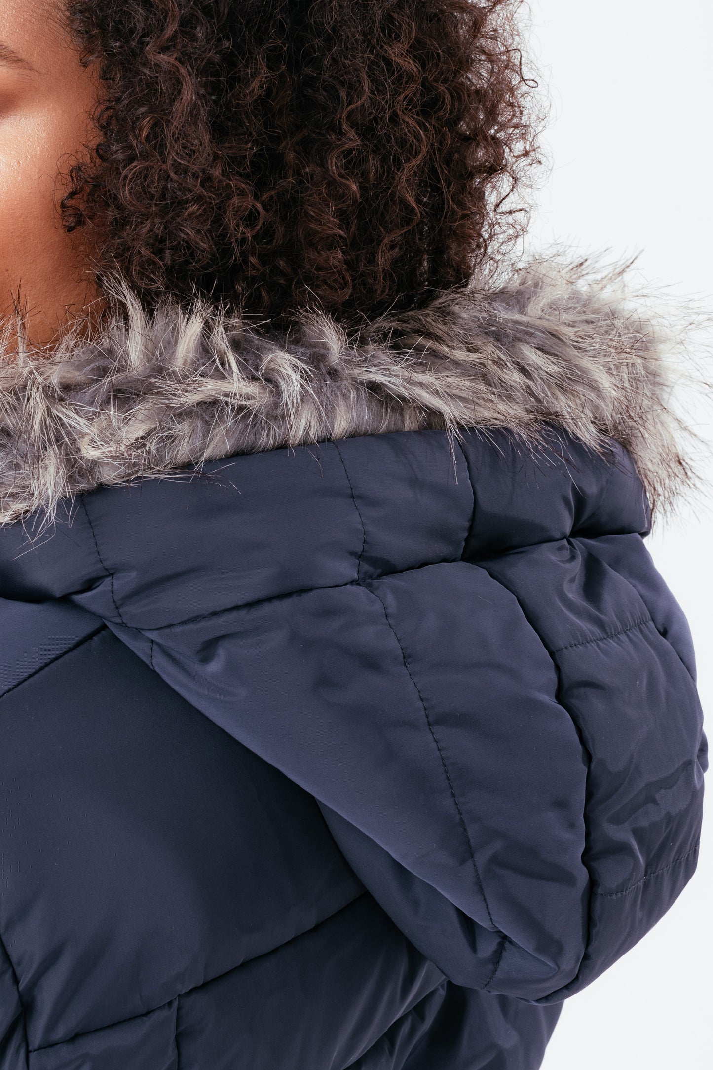 Hype Navy Mid Length Women'S Padded Coat With Fur