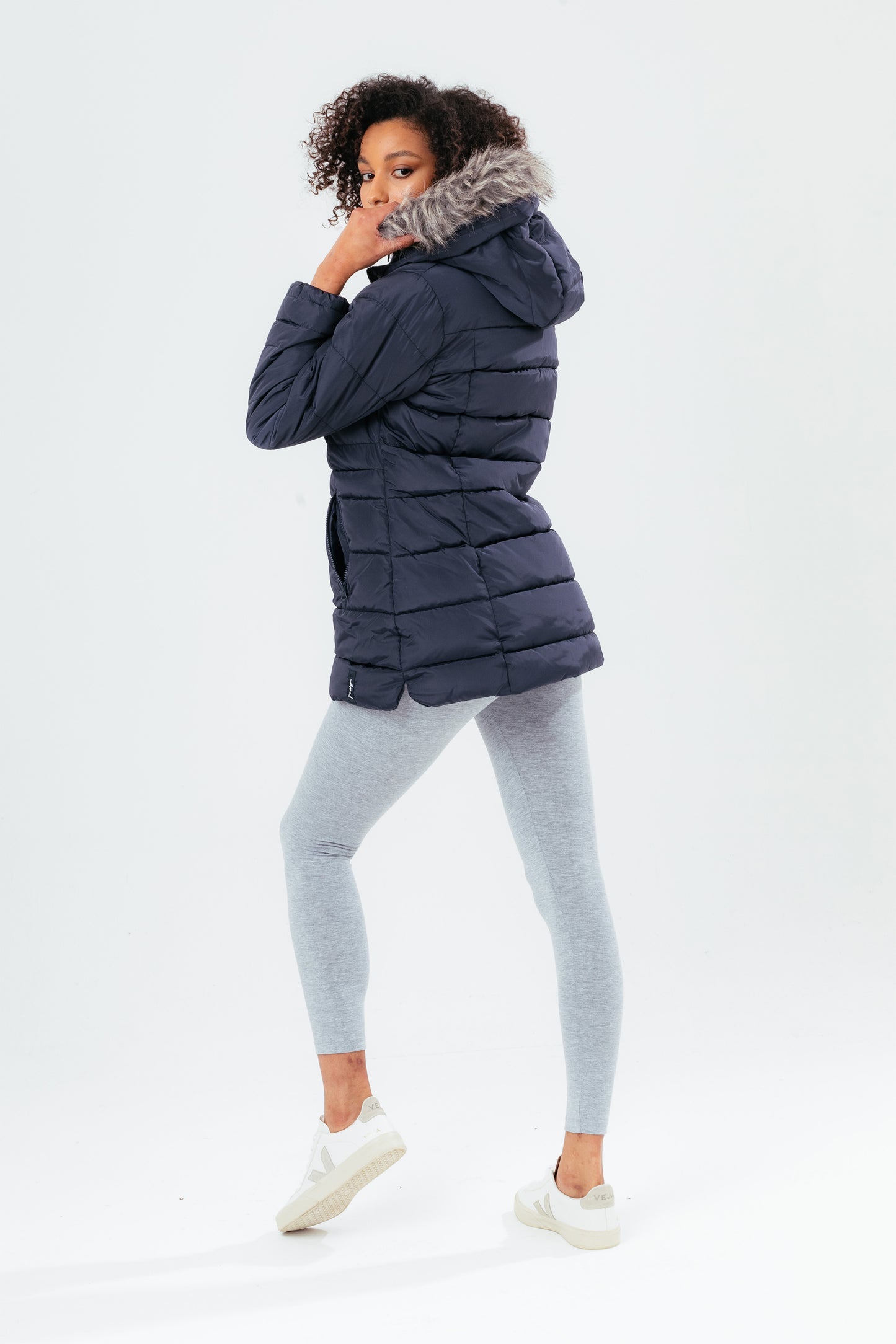 Hype Navy Mid Length Women'S Padded Coat With Fur