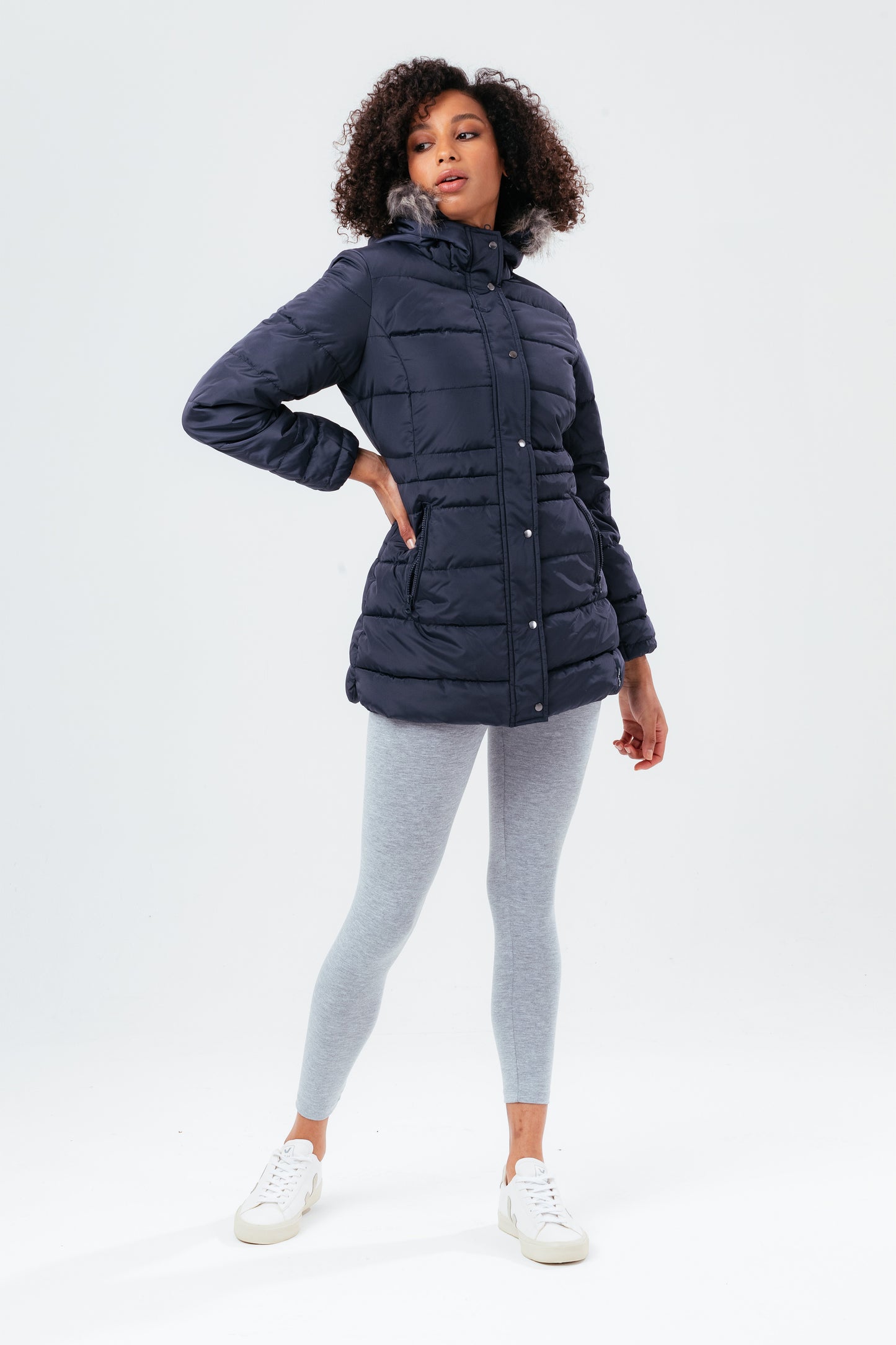 Hype Navy Mid Length Women'S Padded Coat With Fur