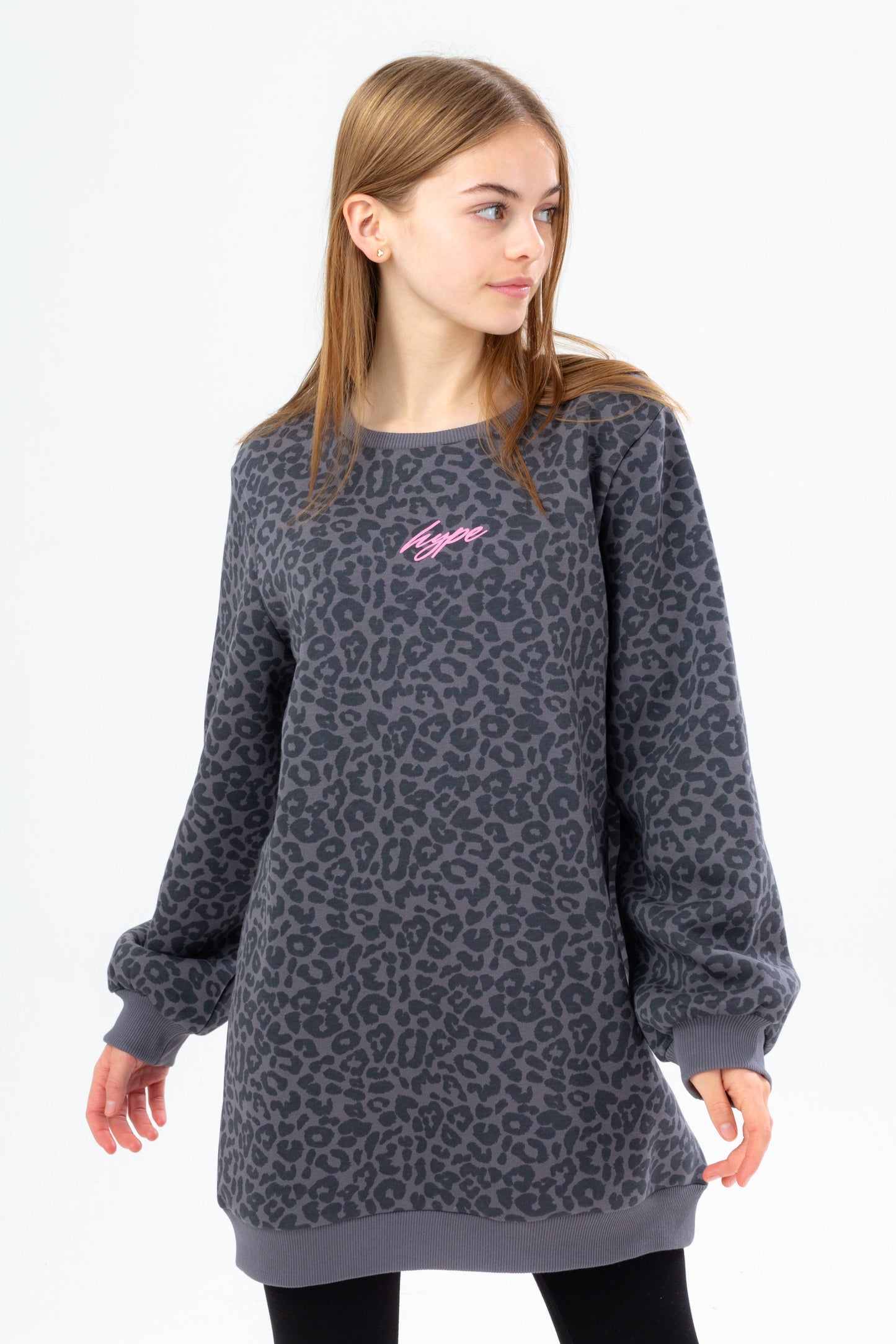 Hype Girls Charcoal Leopard Balloon Sleeve Crew Dress