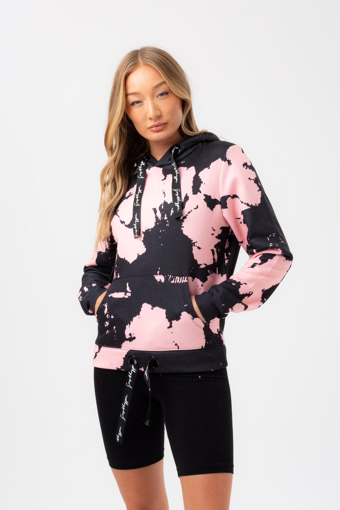 Hype Womens Black Pink Tie Dye Justhype Drawcord Hoodie