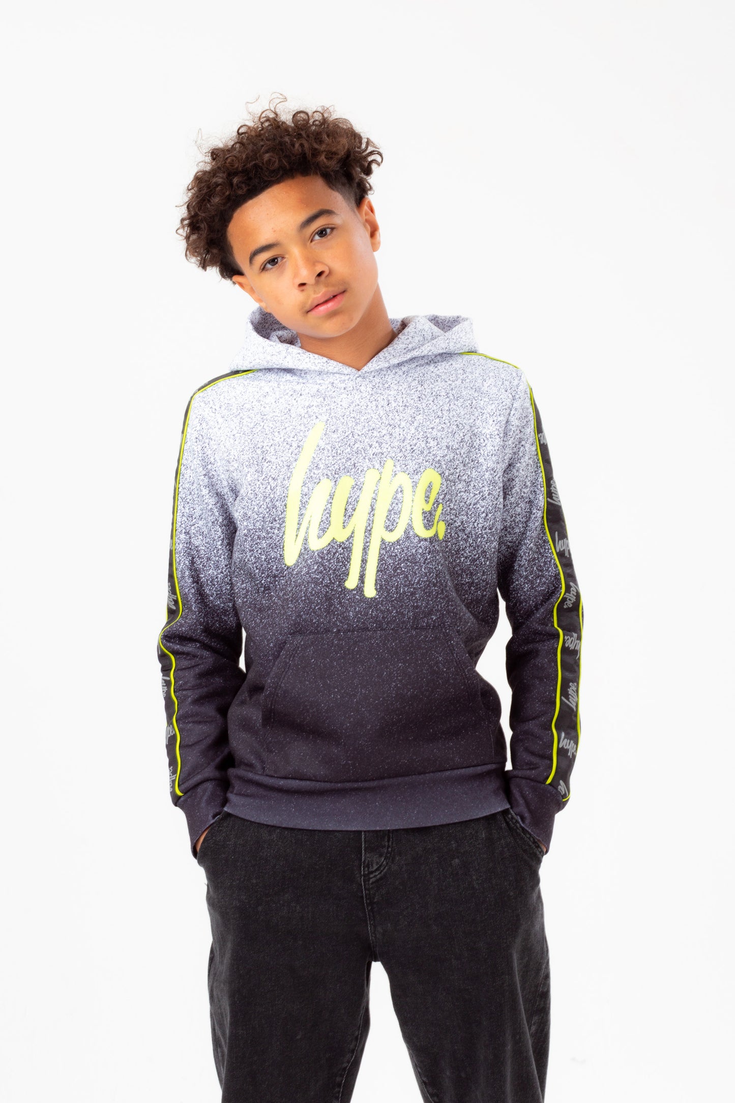 Hype Boys Mono Speckle Fade Tape Lime Script Hoodie