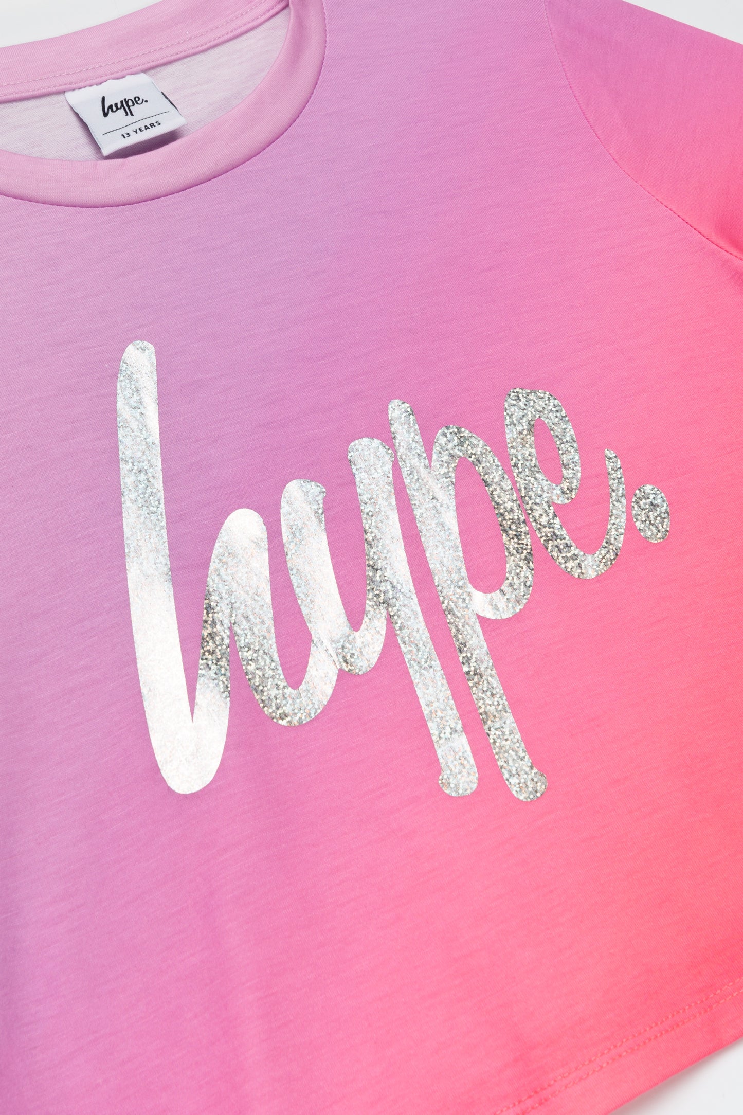 Hype Girls Pink Fade Holographic Script Cropped T-Shirt