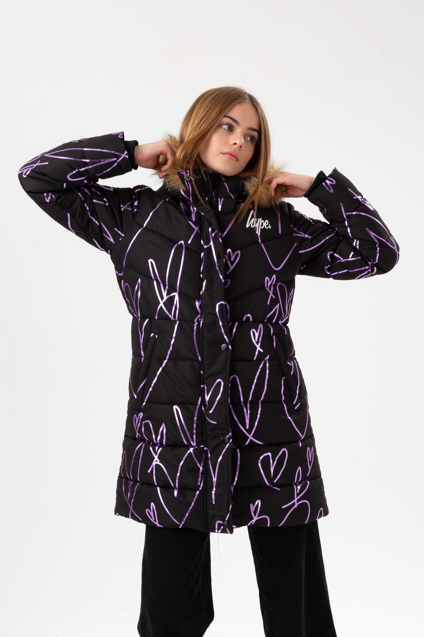 Hype Girls Black Sketch Heart Holographic Parka Script Jacket