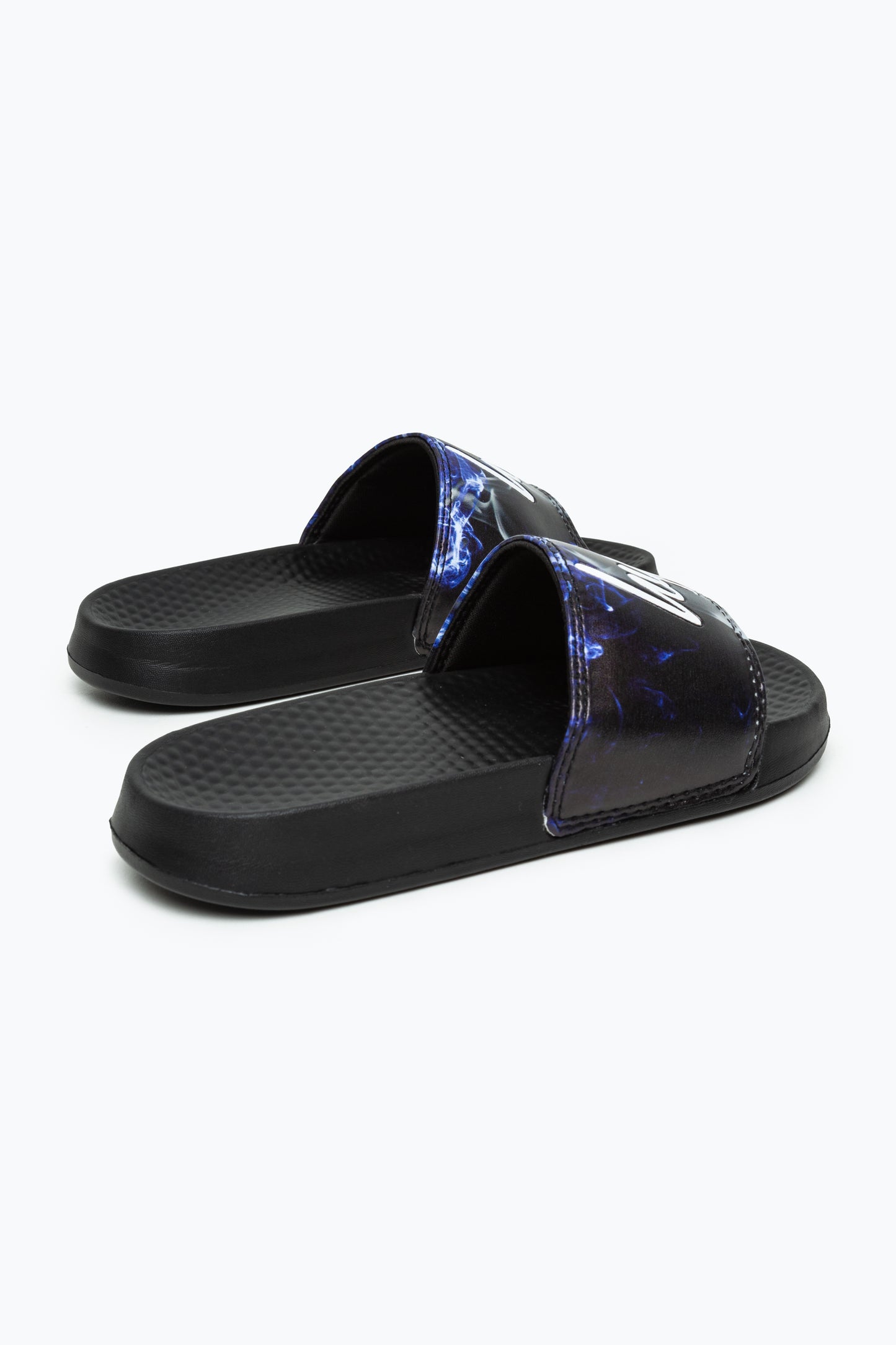 Hype Kids Unisex Black Blue Flame Script Sliders