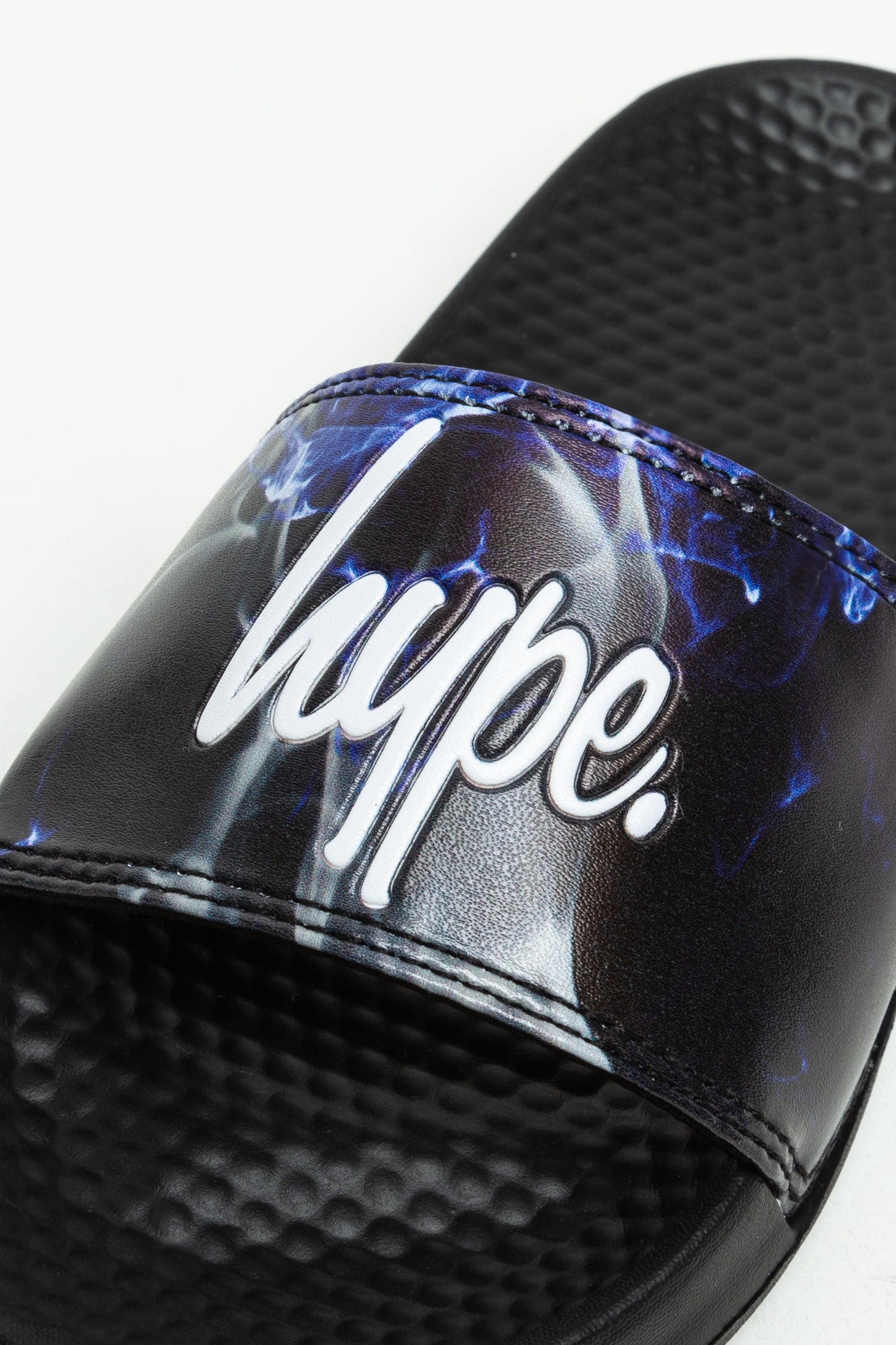 Hype Kids Unisex Black Blue Flame Script Sliders