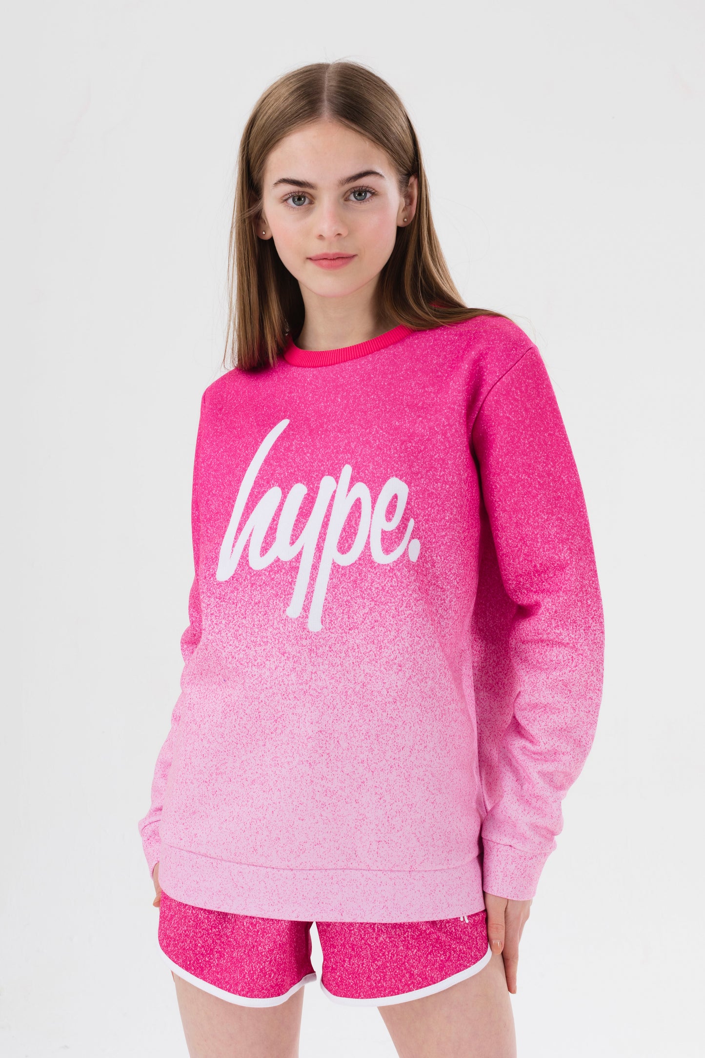 Hype Girls Pink Speckle Fade Script Crew Neck